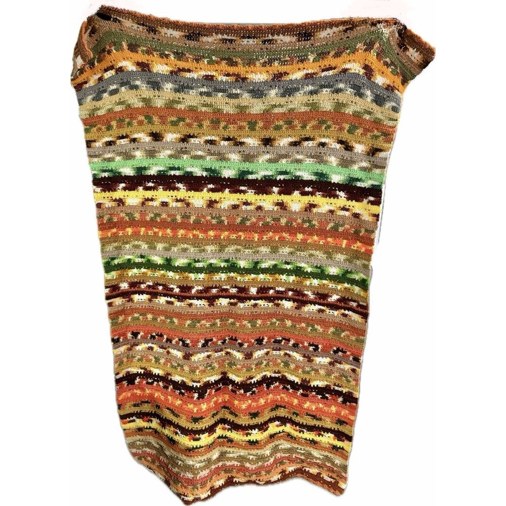 Vintage Afghan Throw Multicolored 68”x38” Blanket Orange Green Yellow